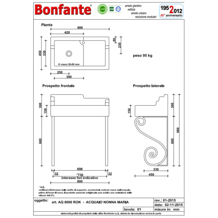 Acquaio Nonna Maria in Pietra Ricostruita Bonfante AQ 8000ROK 4 LEGNAGOFERR