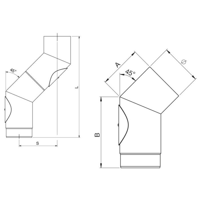 Curva a 45° Con Ispezione Acciaio Nero Pesante Per Stufe a Legna Apros C45S 2 legnagoferr