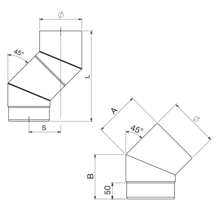 Curva a 45° Corta Acciaio Nero Pesante Per Stufe Legna Apros C45P 2 legnagoferr