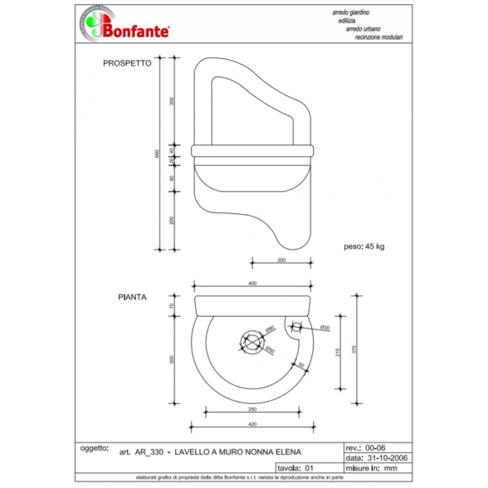 Lavello a Muro Nonna Elena in Pietra Ricostruita Bonfante AR 330 4 legnagoferr