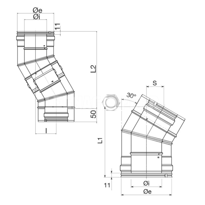 Curva 30° Doppia Parete Apros C030 Acciaio Inox Canne Fumarie legnagoferr 1